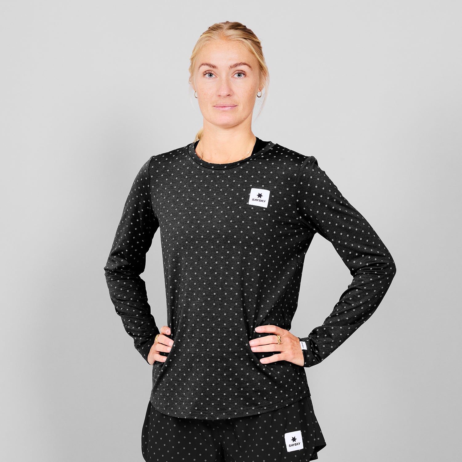 ランニングTシャツ（ロングスリーブ） MWRLS01c1018 Wmns Reflective Polka Pace Long Sleeve - Black Aop [レディーズ]