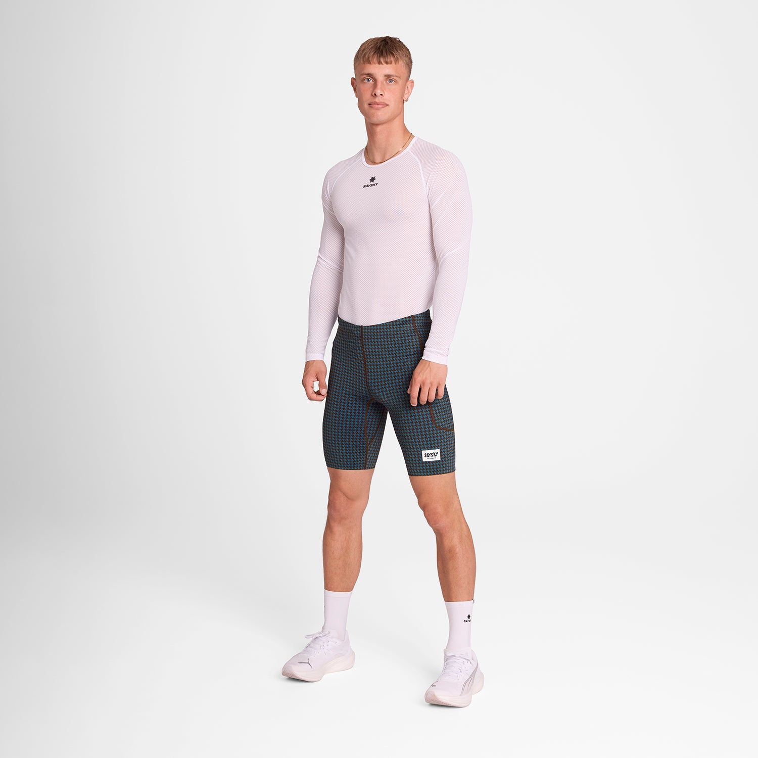 ランニングタイツ OMRST31c1047 Houndstooth Combat+ Short Tights 9inch - Blue Aop [メンズ]